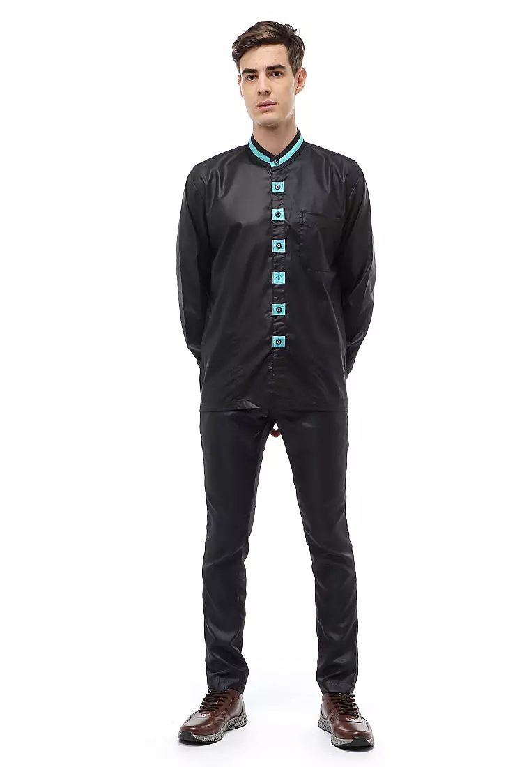Dwan Atasan Formal Pria Kemeja Koko Staylish Button Long Sleeve Material Cotton ORIGINAL - Black
