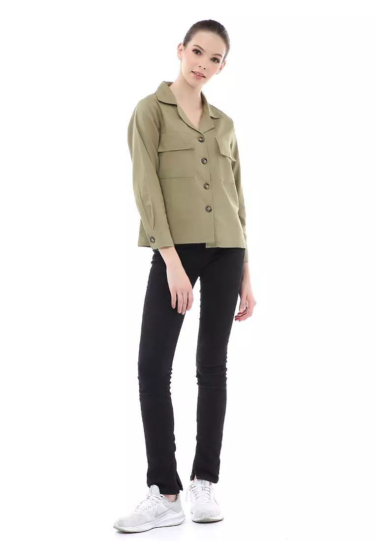 Brielle Atasan Wanita Kemeja Pocket Plain Motive Lengan Panjang Material Linen ORIGINAL - Sage Green