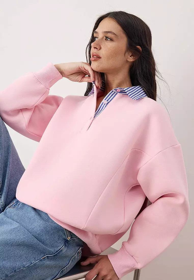 Pink Woven Garni Detailed Oversize Fit Polo Neck Thick Fleece Knitted Sweatshirt Twoaw26Sw116