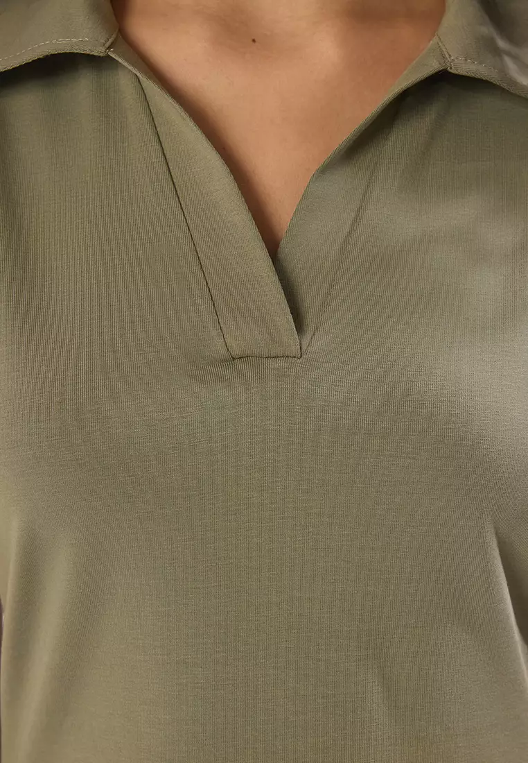 Khaki Polo Neck Skater/Waist Open Cotton Stretch Knit Midi Dress TWOSS24EL00480