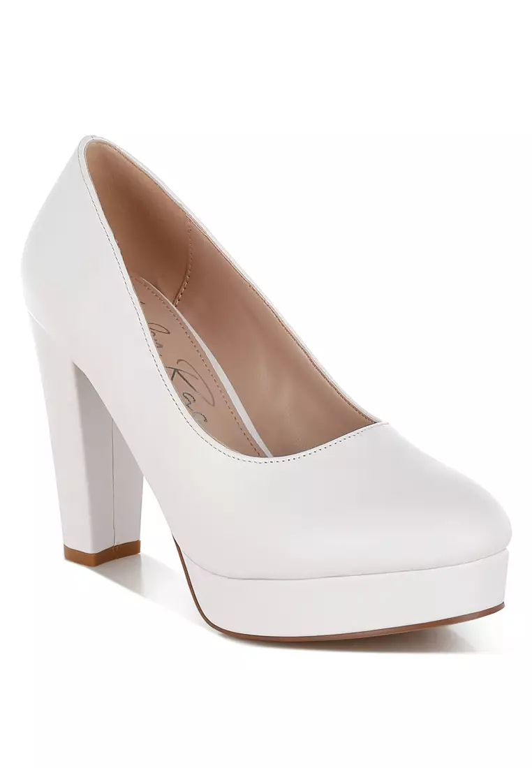 Faux Leather Block Heel Pumps In White
