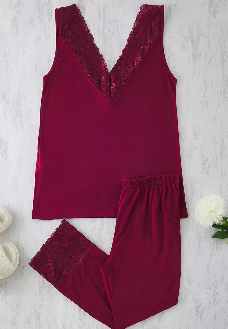 Burgundy V Neck Lace Knitted Pajama Set TBBSS25AI00111