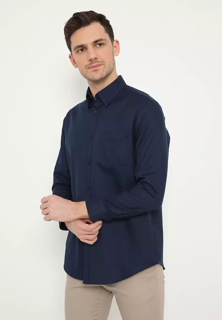 Jobb Brioni Kemeja Pria Lengan Panjang Regular Fit Navy 3