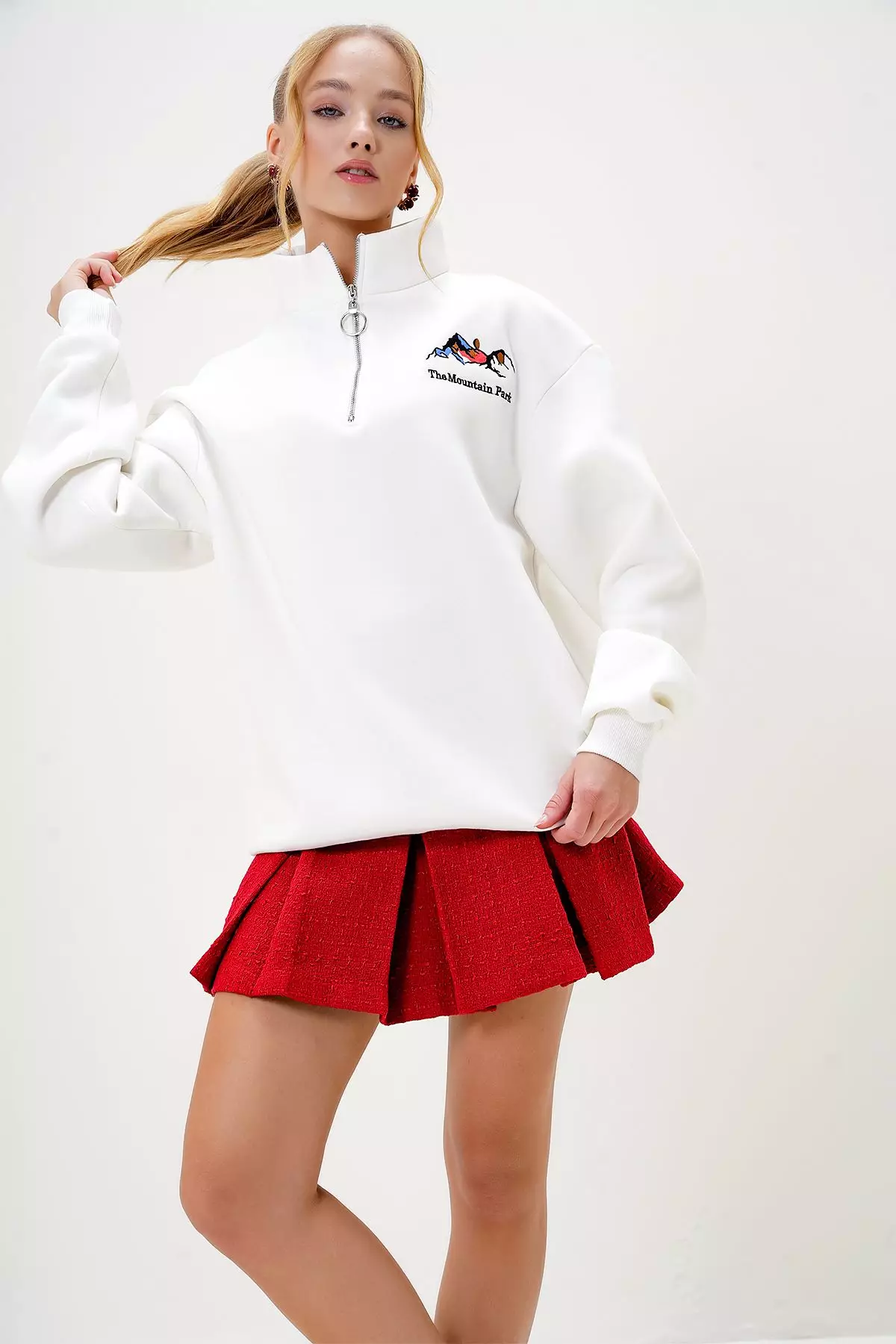 Women's Ecru Half Turtleneck Zippered Front Embroidered Inside Out Sweatshirt