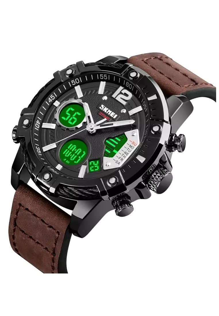 Jam Tangan Casual Digital Analog Pria Strap Tali Material Kulit Leather JA10 ORIGINAL