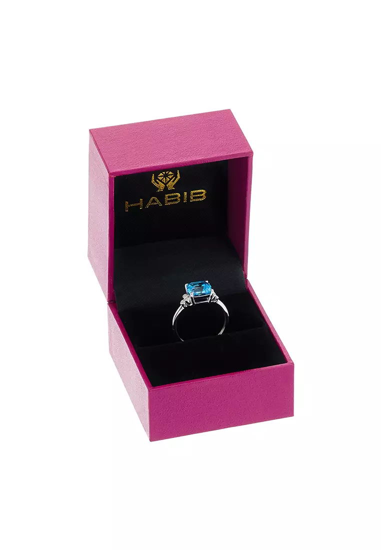 HABIB Cushion Blue Topaz and Round Diamond Ring in 375/9K White Gold 24693(R)
