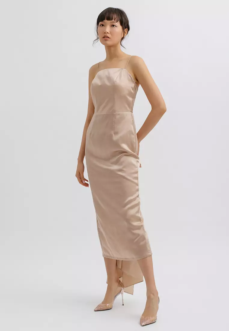 Square Neck Backless Tied Midi Dress in Gold