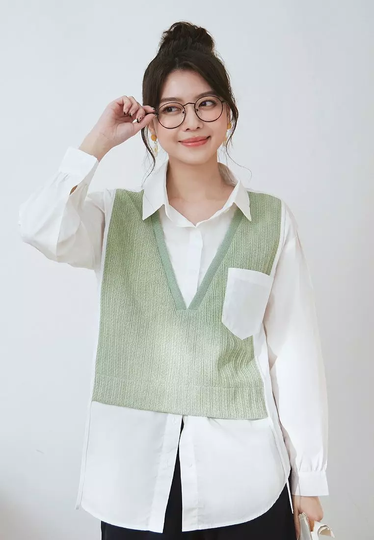 Loose Fit Layered Knit Vest Shirt Tunic – Casual Long Sleeve Oversized Top [AB20081]