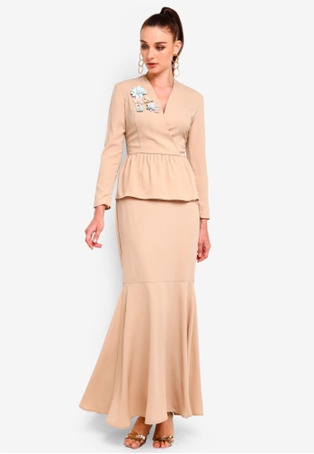 Embellished Wrap Peplum Set from Zalia in Brown and Beige