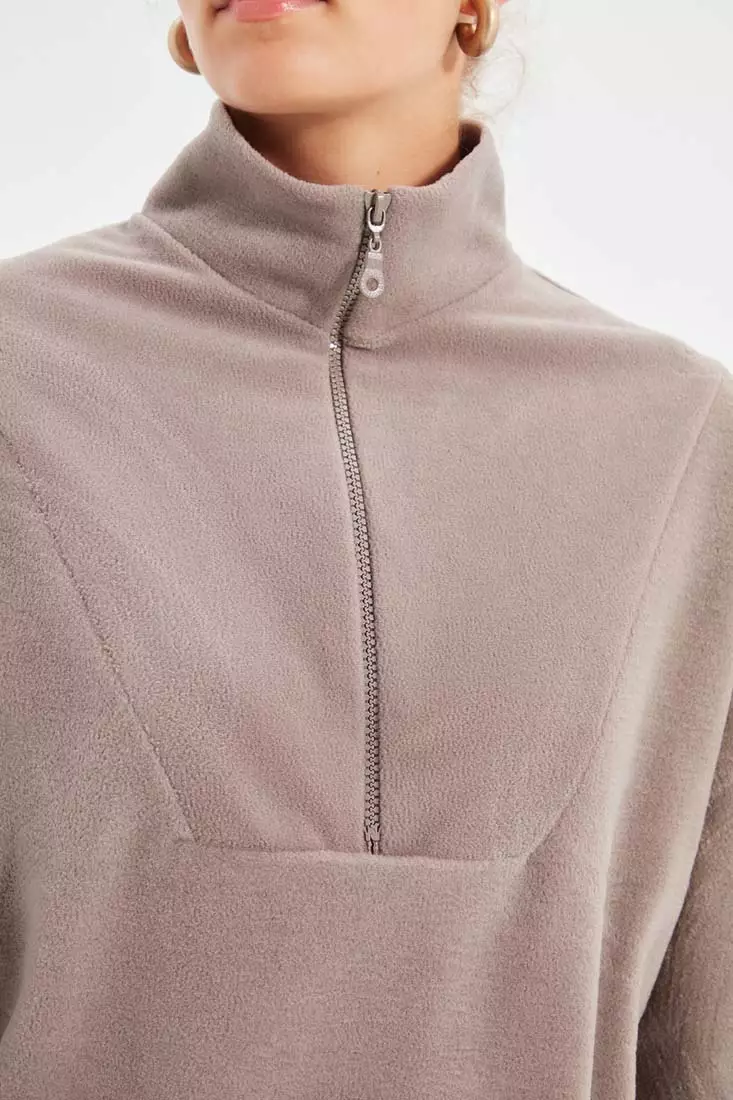 Zipper Detail Fleece Knitted Sweatshirt