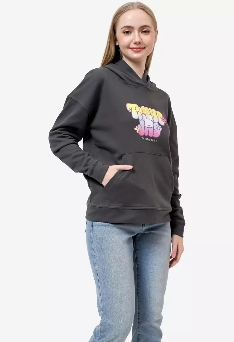 TONIQUE Womens Cotton Graphic Hoodie Dark Grey NOLA Hoodie Wanita Katun Abu Abu