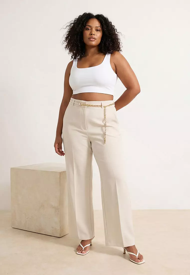 Ecru High Waist Pipe Leg Accessory Detailed Plus Size Woven Trousers Tbbss26Ar00015