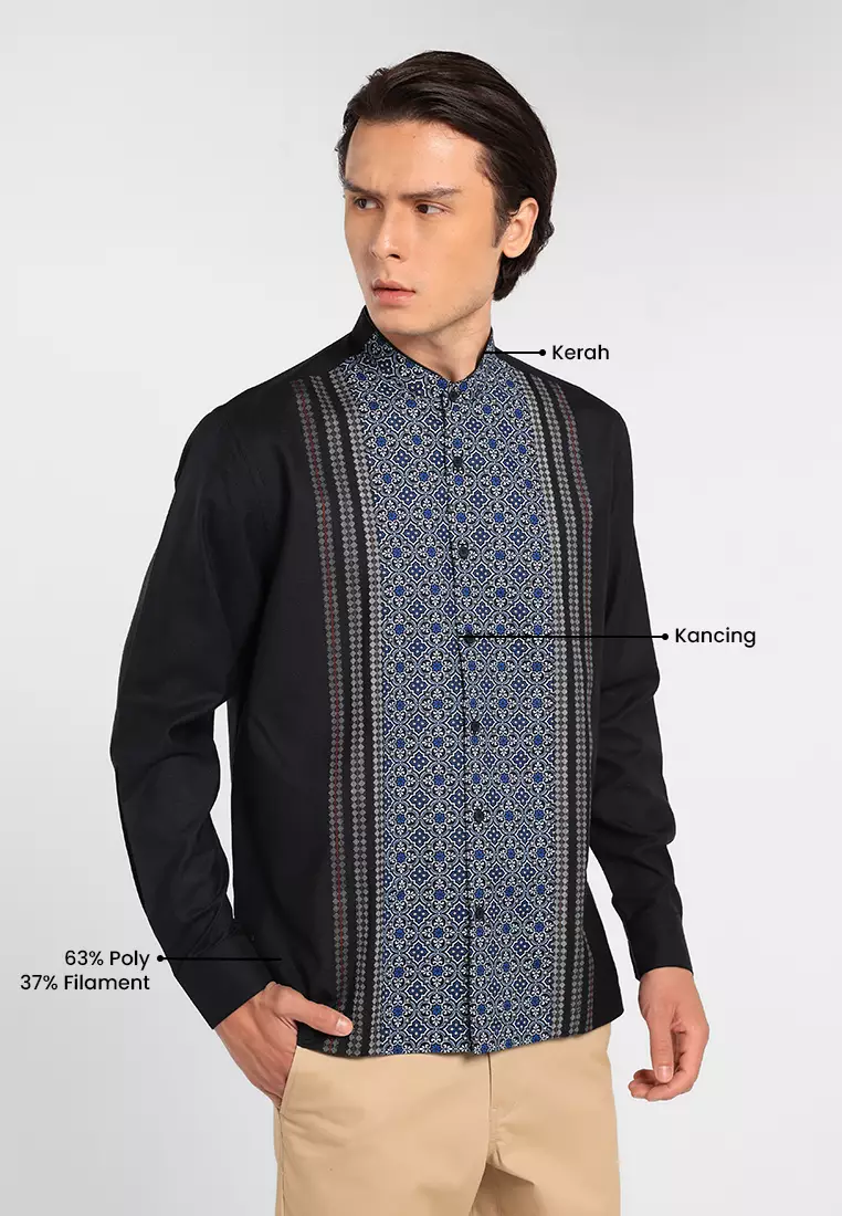 MANZONE X Adipati Dolken - Kemeja Koko Lengan Panjang Pria Khobar Comfort Fit - Black Warna Black