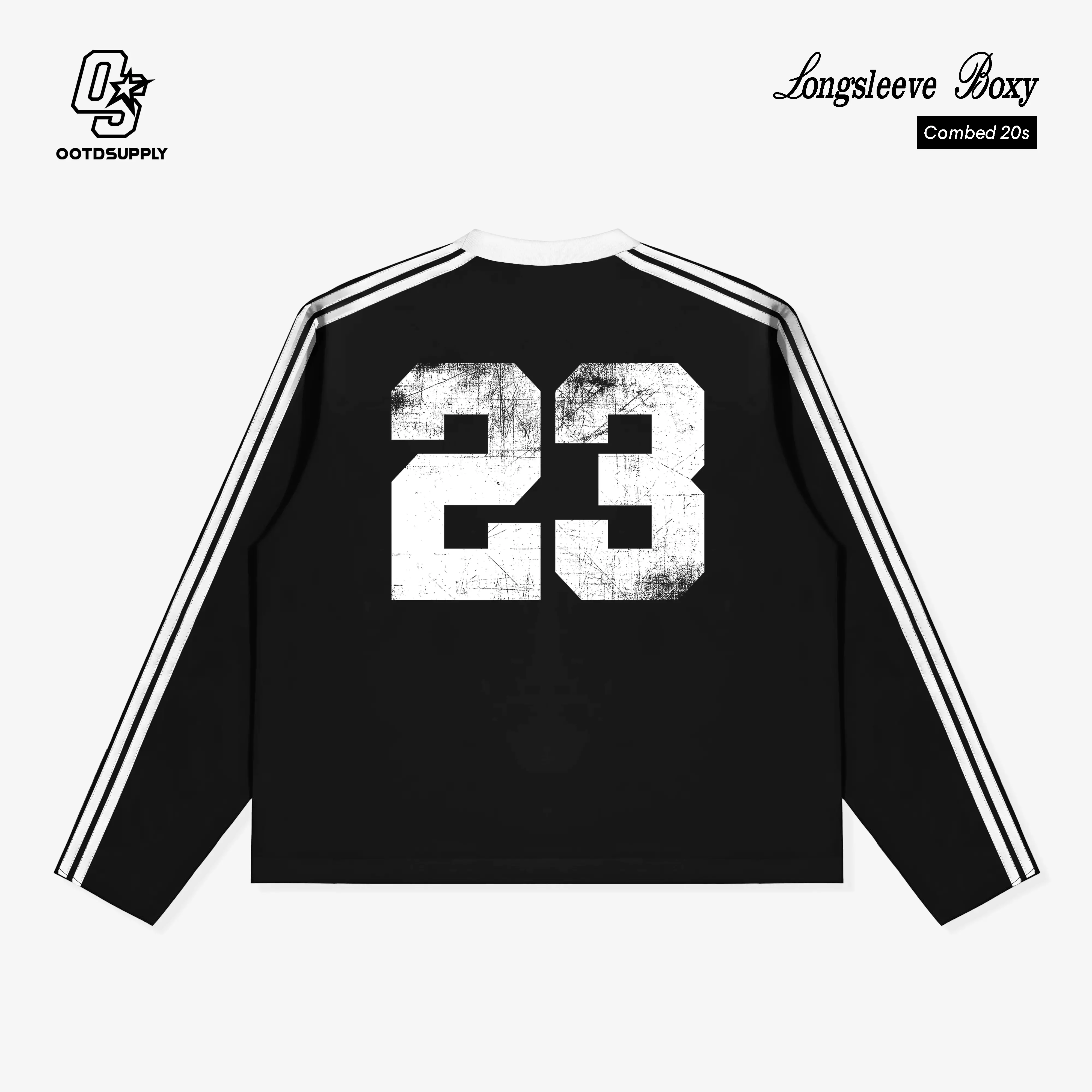 OOTDSUPPLY Longsleeve Boxy Double Stripe Iconic 23 Black & Dark Army l Oversize T-Shirt Lengan Panjang l Kaos Kerah I Kaos Stripe | LSBX003