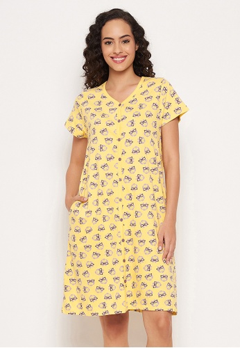 Clovia yellow Clovia Owl Print Button Me Up Short Nightdress in Yellow - 100% Cotton 811BEAAC9BE48FGS_1