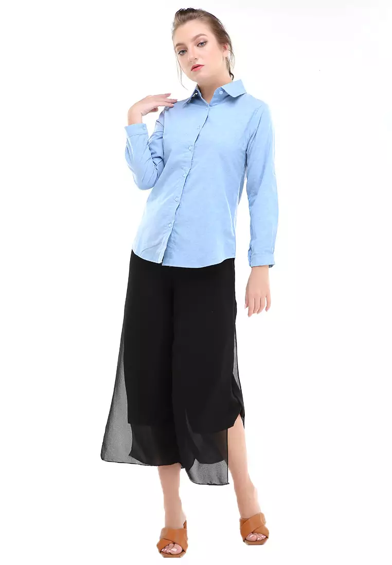 Jeanly Kemeja Lengan Panjang Motif Solid Atasan Wanita Regular Fit - Denim