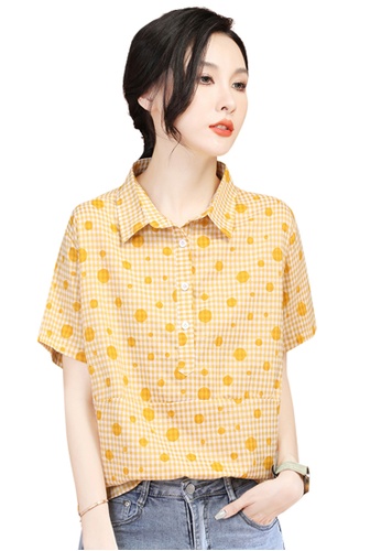 A-IN GIRLS 黃色 簡約格紋短袖襯衫 C38B5AA6BACE2CGS_1