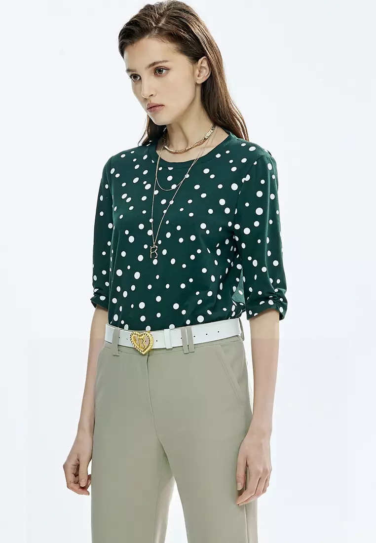 White Dotted Print Green Top