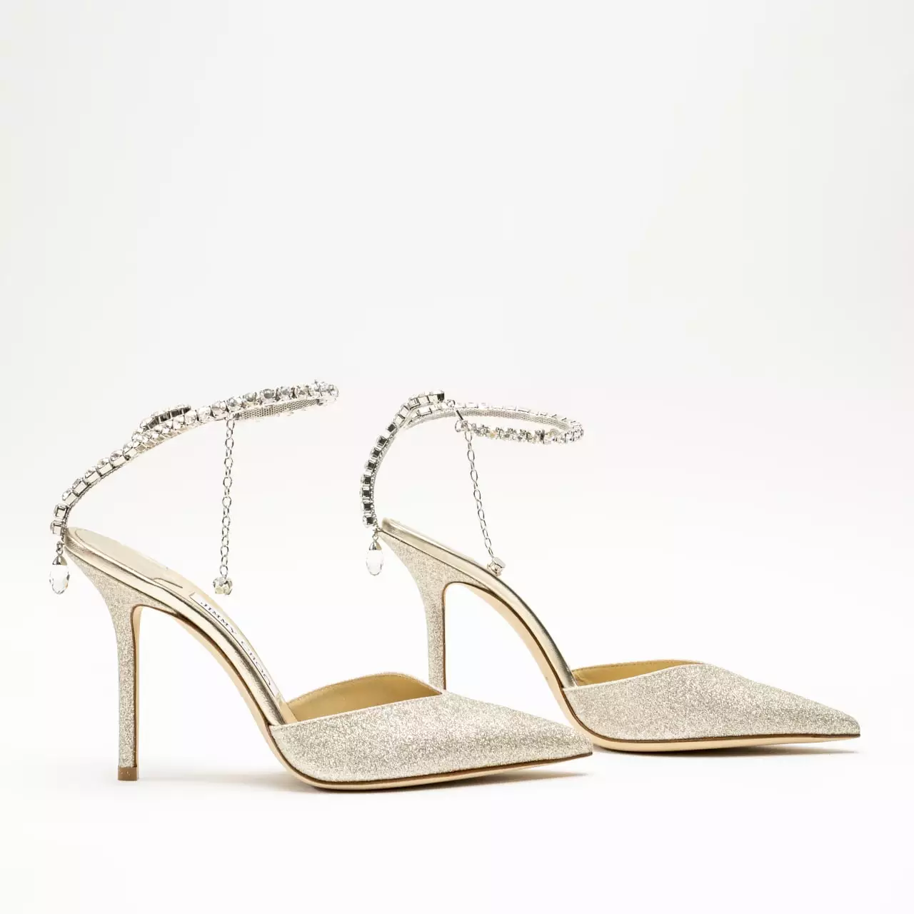 Saeda 100 Glitter Fabric Crystal Chain Ankle Strap Heels Platinum Ice