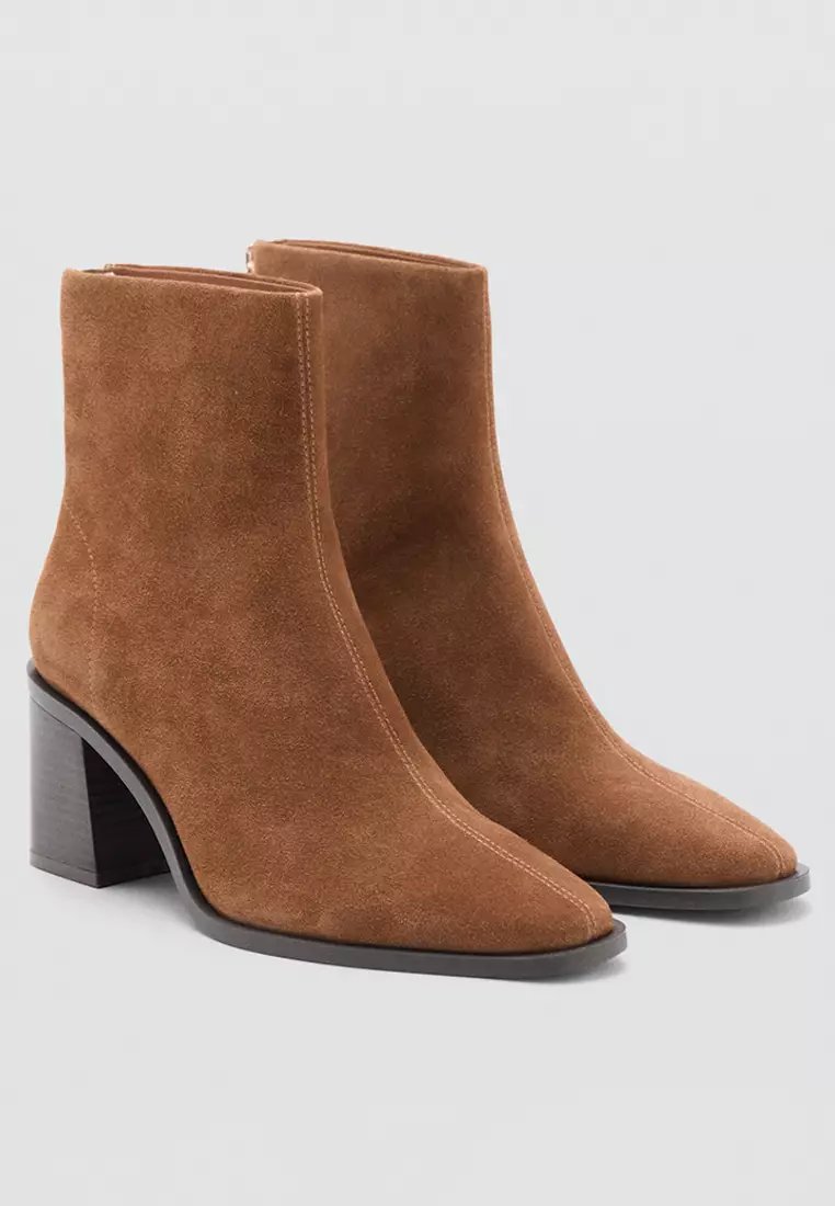 Suede Leather Ankle Boots With Block Heel