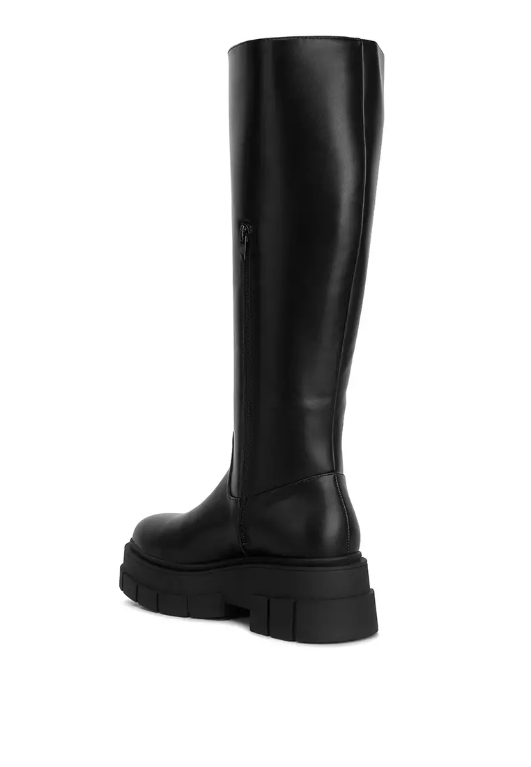 Buy London Rag Black Faux Leather Chunky Platform Knee Length Boots