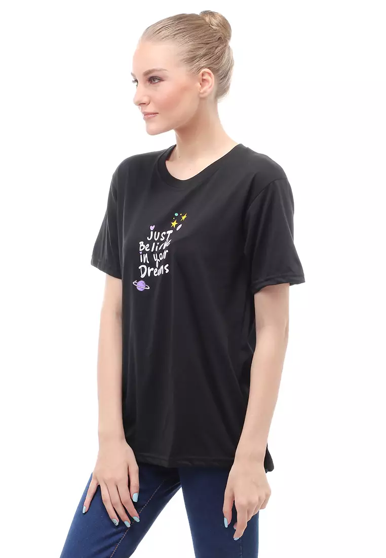 Heller Kaos Atasan Wanita Oversize Motif Print Short Sleeves Relaxed Fit - Lepen Hitam