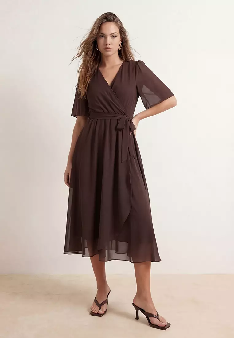 brown plain dress Buy Trendyol Chiffon Short Sleeve Maxi Woven Twoss26El89 2026 Online Blmnix Women's Dresses Strapless Cottage Core Product Description Color:Prussian Blue