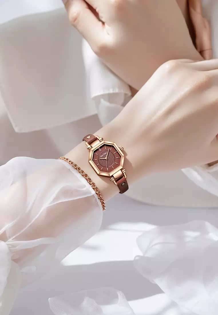 Jam Tangan Wanita Korea Anti Air Original Kuarsa Wanita Tali Kulit Jam Tangan Cewek Kotak Indah brown