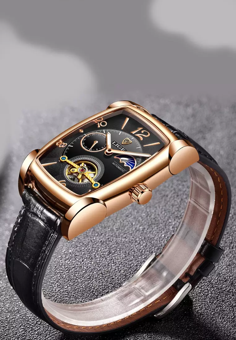 Automatic Unisex Rose Gold Finish Barrel-shape Watch 46x38mm, Black Leather Strap