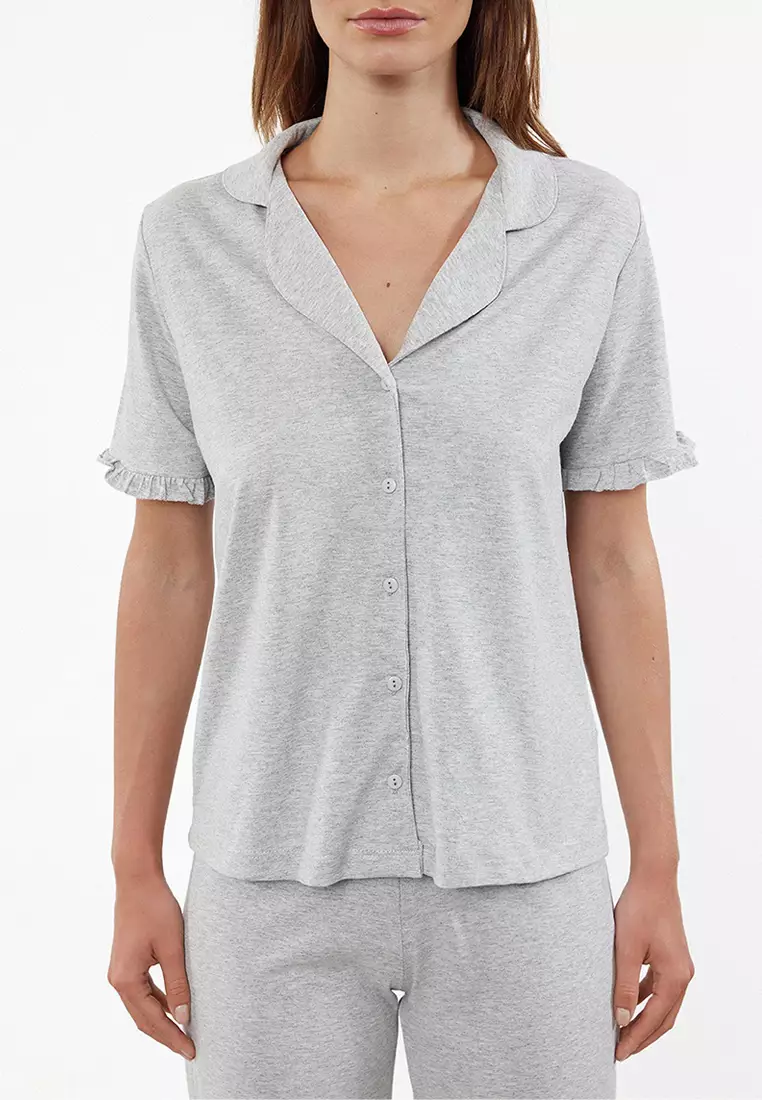 Gray Melange Cotton Ruffle Detailed Knitted Pajama Set THMSS24PT00223