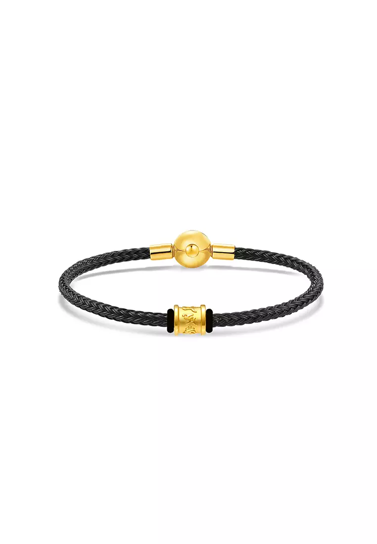 THE Mix Collection 999.9/24K Pure Gold Mini Six Word Mantra Charm Black Steel Wire Clasp Bracelet Set L11-B805