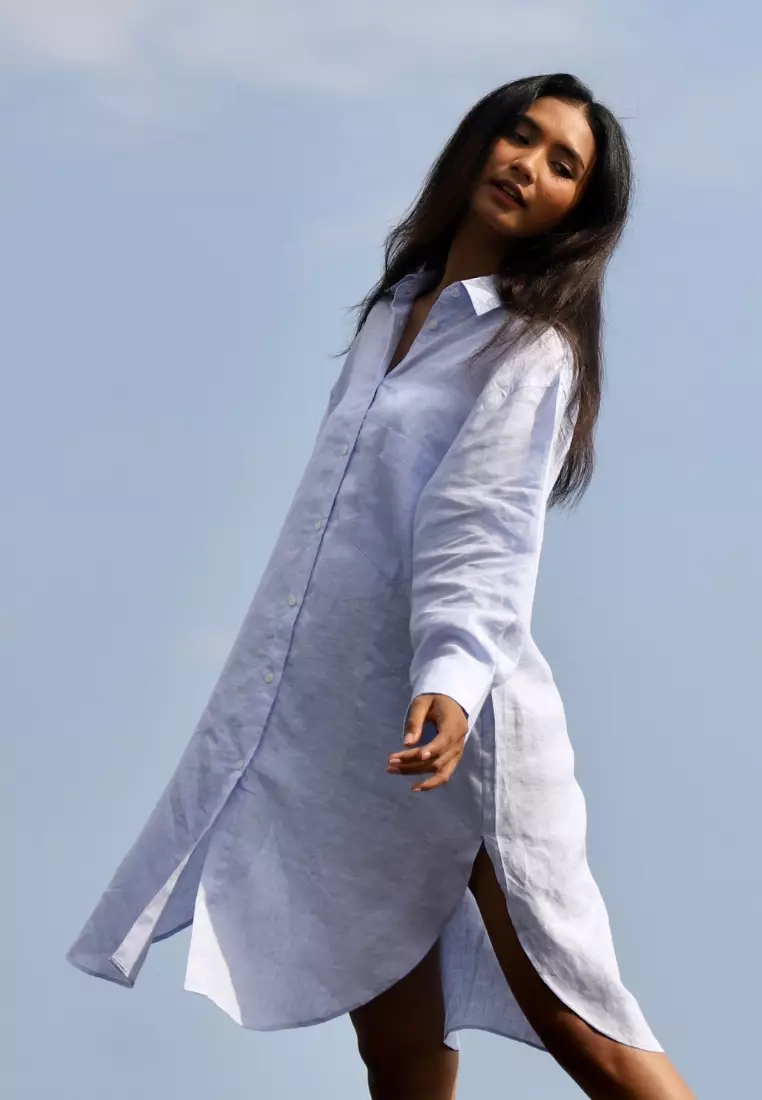 Side Kemeja Linen Oversize Lengan Panjang Wanita Biru | Oversize Linen  Long Sleeve Shirt Women Blue