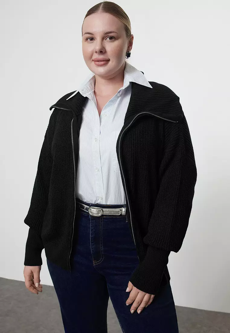 Black Turn-Down Collar Zippered Crop Knitwear Cardigan Tbbaw25Av00009