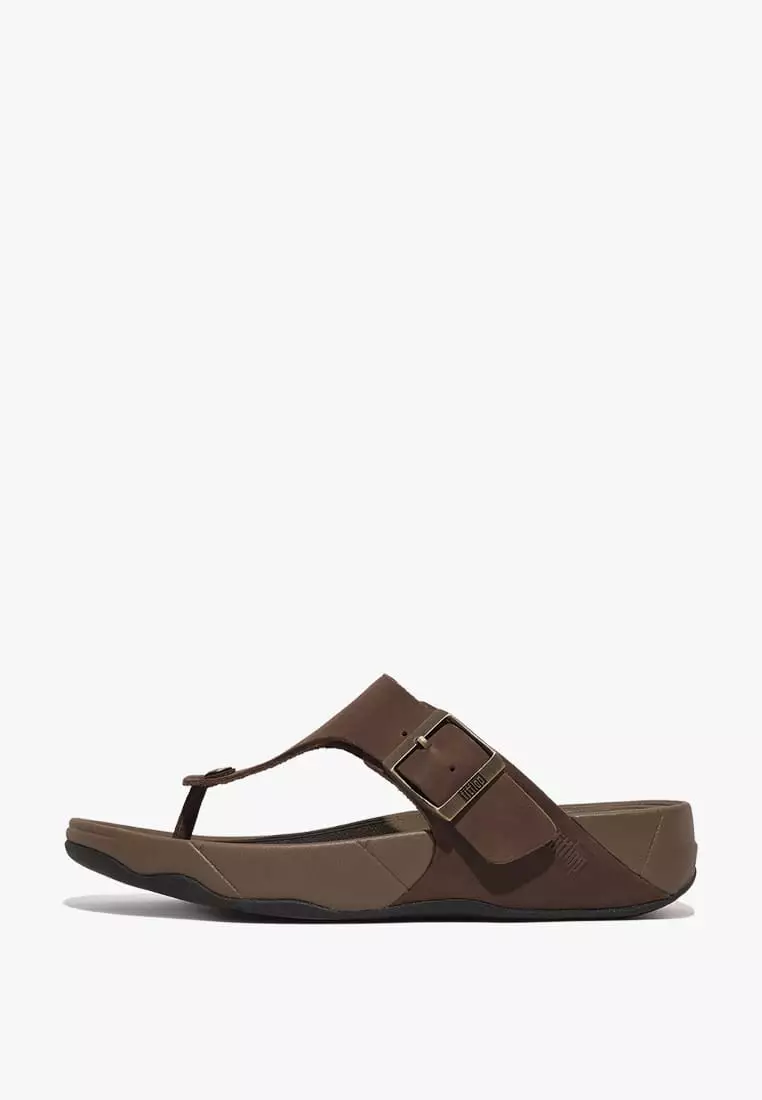 Discount on Fitflop  shoes - SKU: Trakk Ii Mens Buckle Leather Toe-Post Sandals - Chocolate Brown