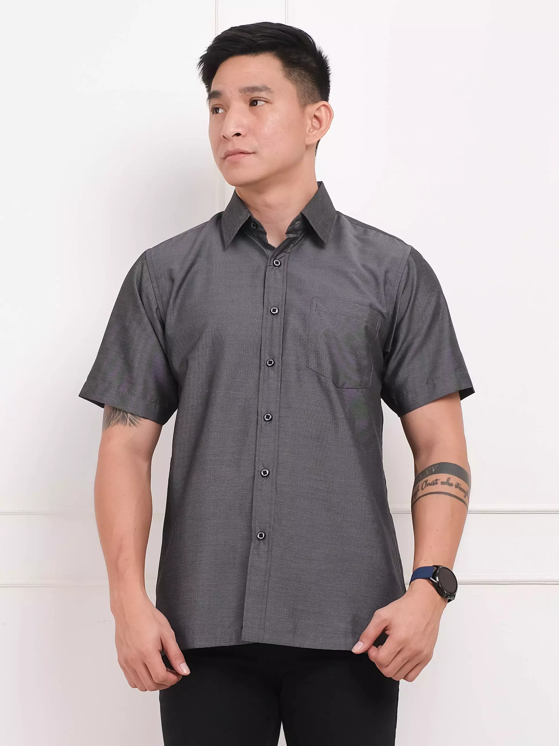 Andre Michel Kemeja Polos Slim Fit Lengan Pendek Abu Tua 16424