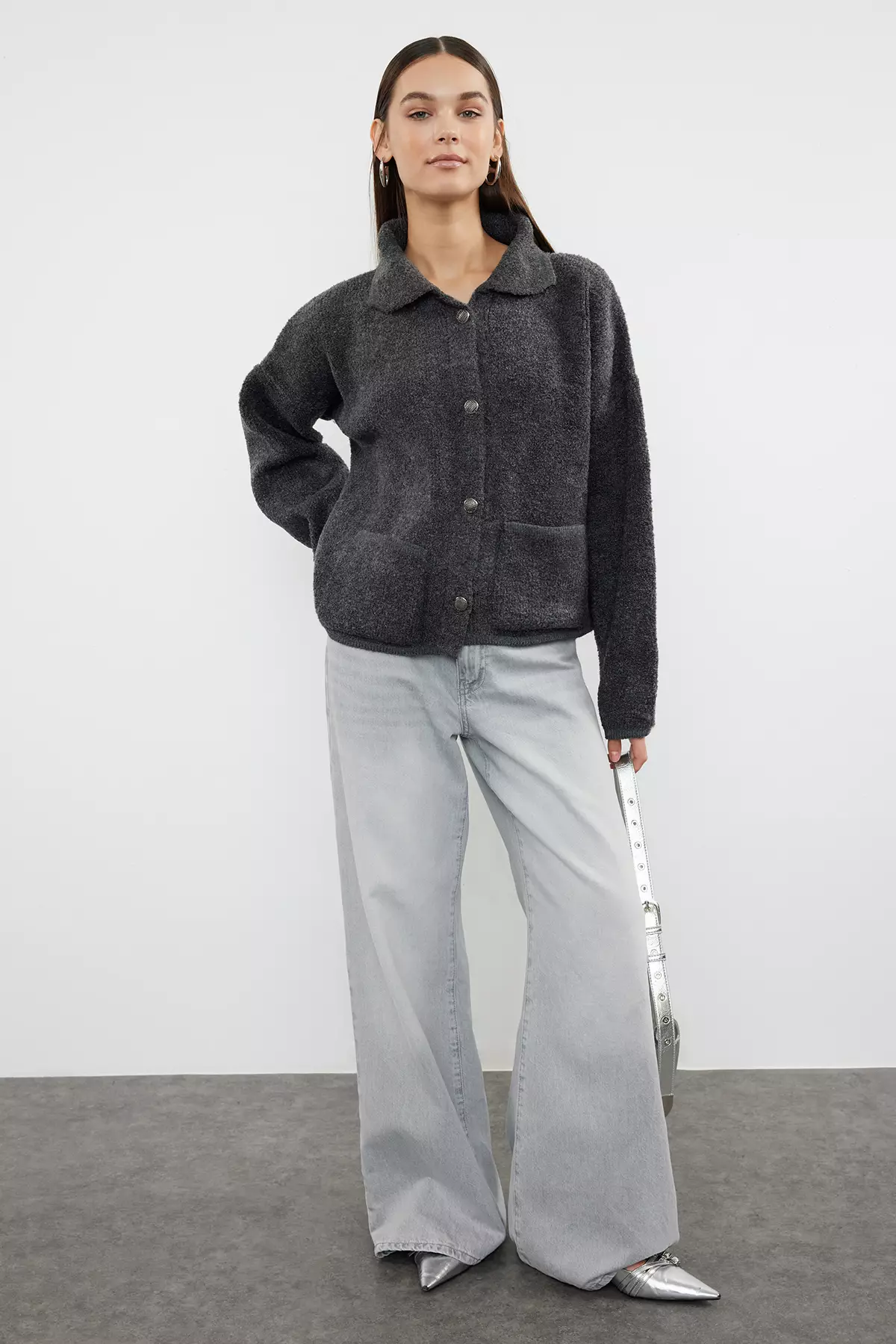 Polo Collar Boucle Knitwear Cardigan Anthracite Super Wide Fit