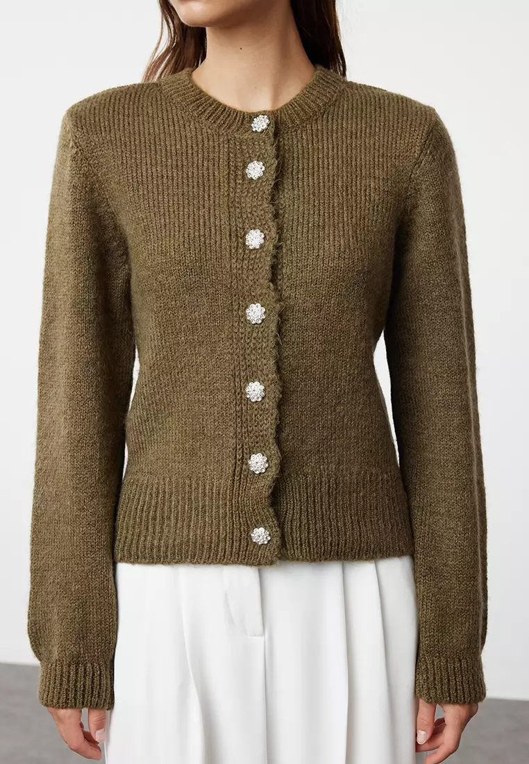 Khaki Soft Texture Jewel Buttoned Jacket Look Knitwear Cardigan TWOAW21HI0034