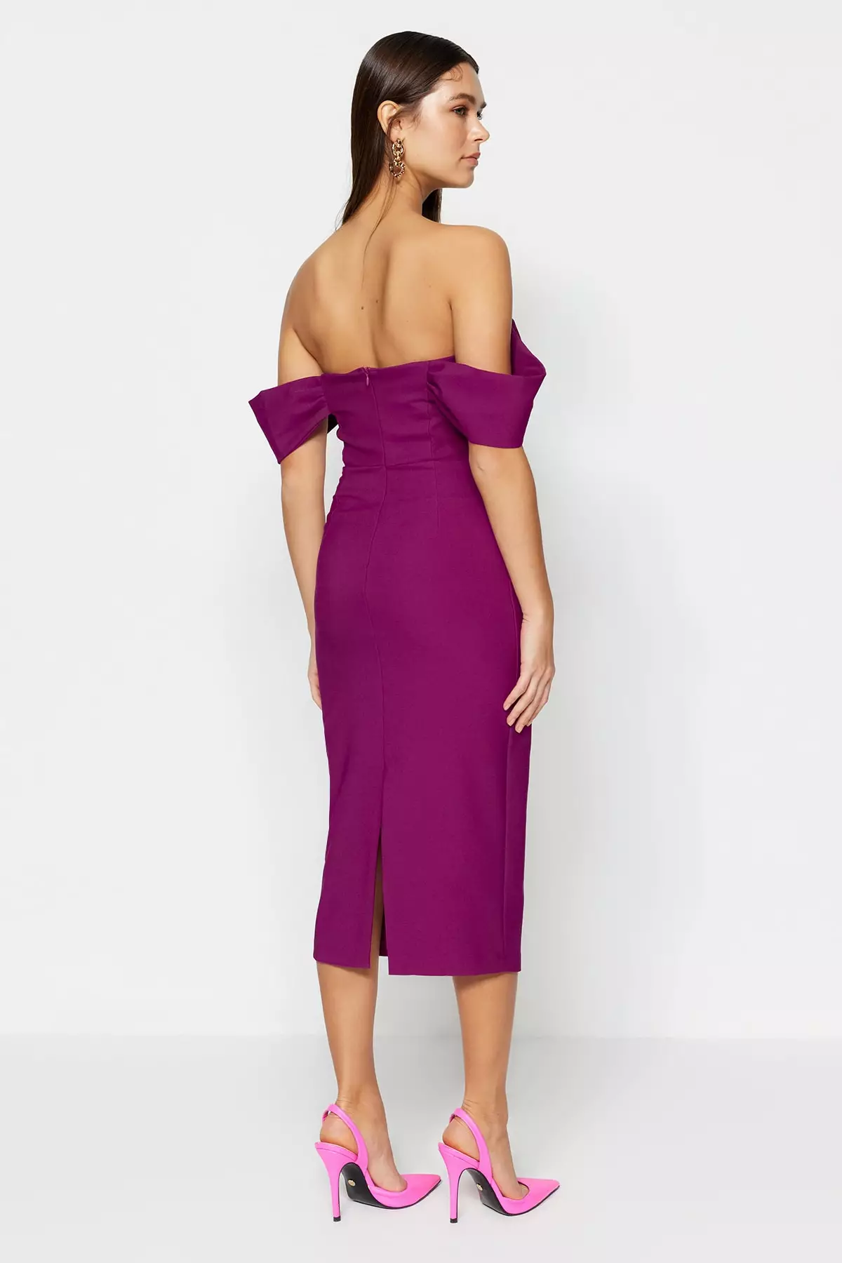 Fitted Off Shoulder Midi Dress