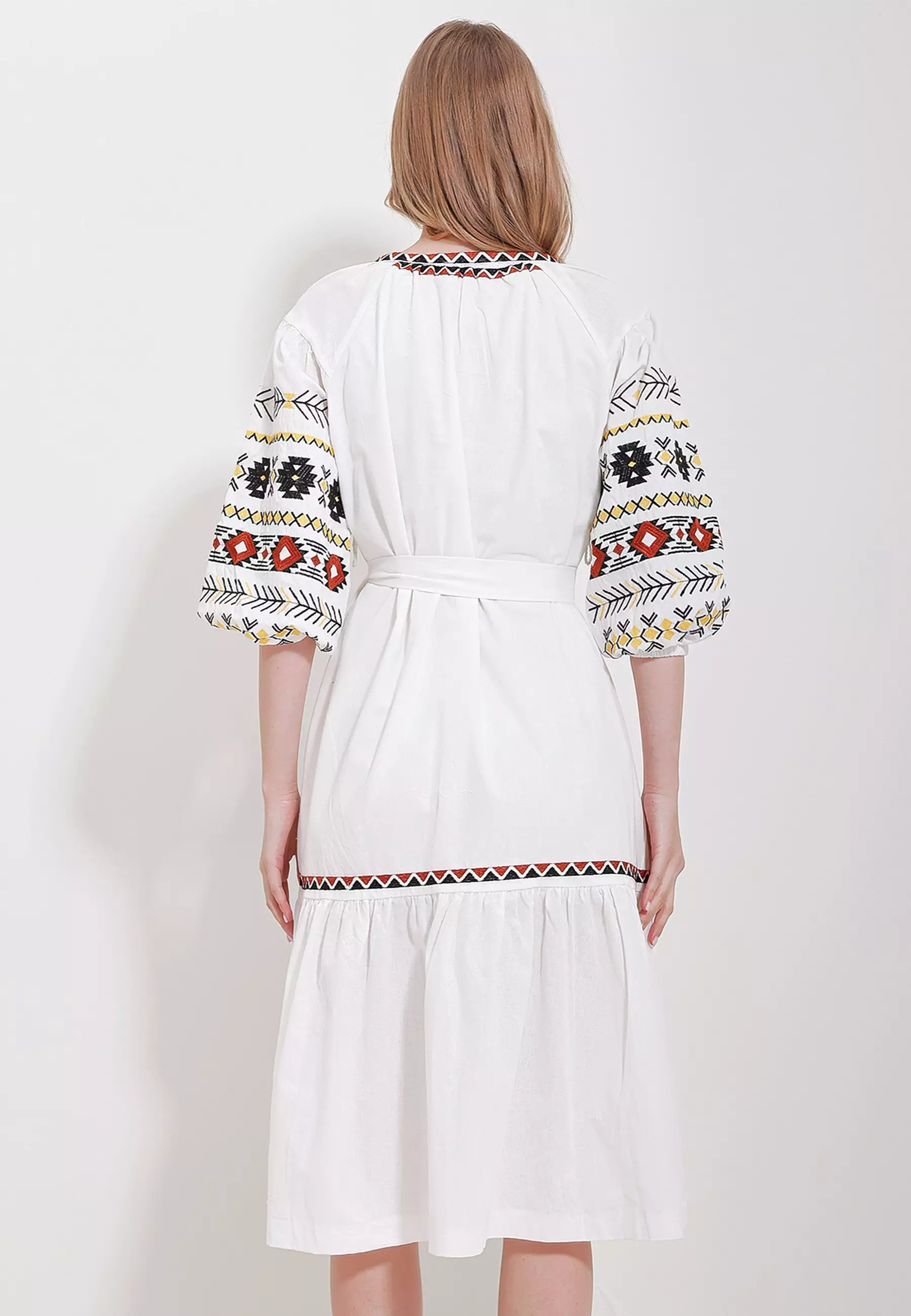 Embroidered Balloon Sleeves Belted Dress