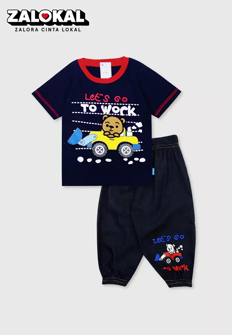 Wakakids Setelan Bayi Laki Laki Baju Lengan Pendek Anak Usia 12 Bulan Hingga 18 Bulan Set Celana Jeans Jogger Motif Bear 3456 Navy