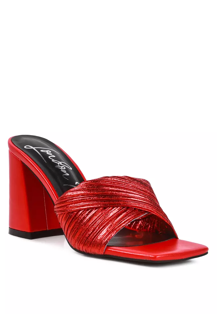 Metallic Red Crinkled High Heeled Block Sandals