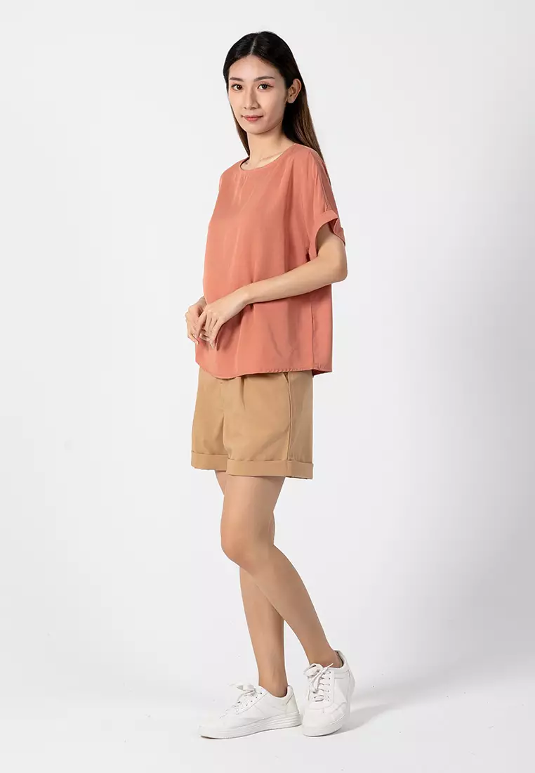 Forest Ladies Rayon Lyocell Casual Plain Blouse Women Short Sleeve Blouse - 822416-68Coral