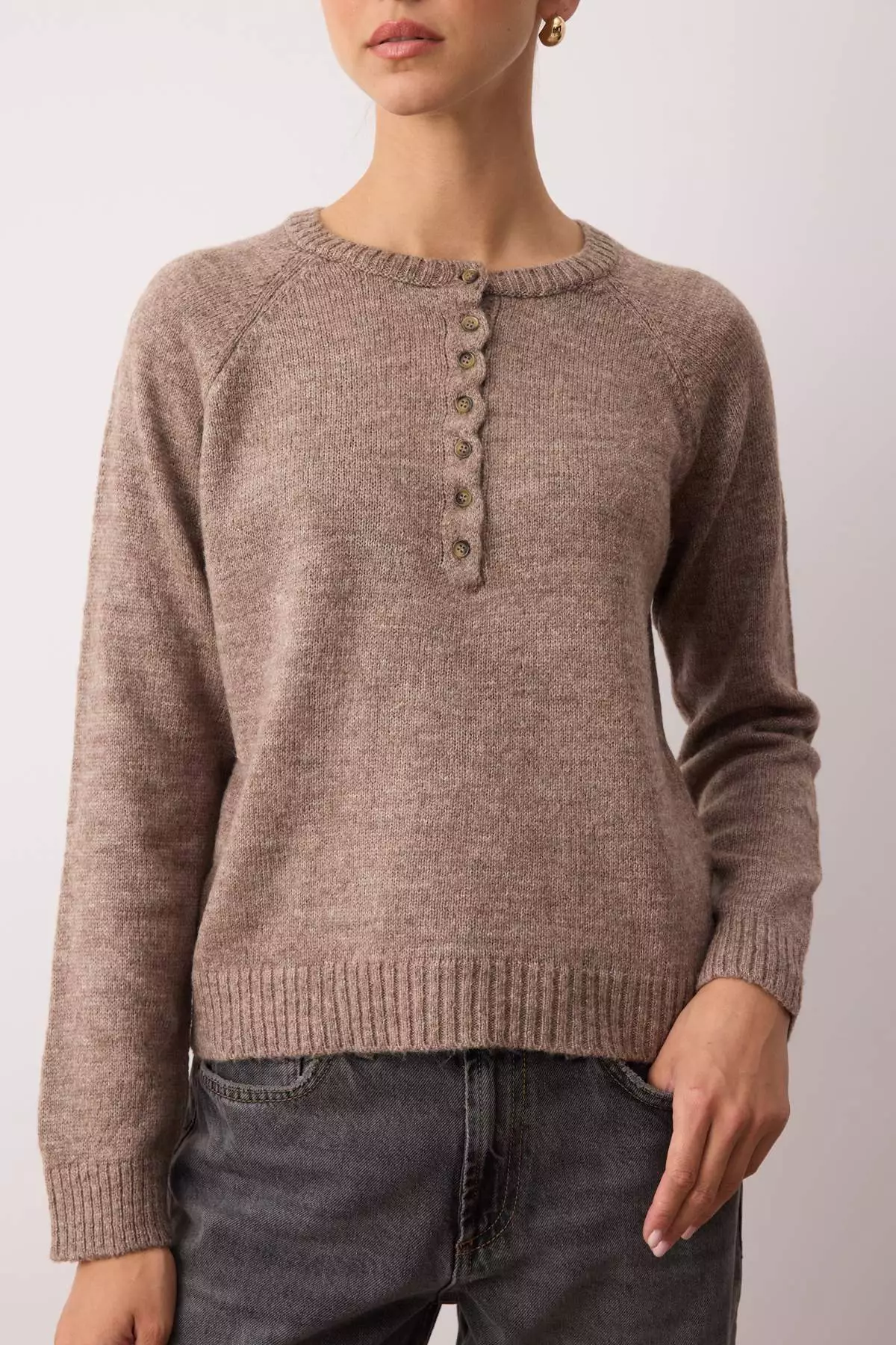 Mink Soft Textured Button Detailed Knitwear Sweater