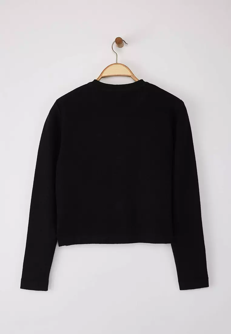 Black Button Detailed Crop Premium/Special Yarn Knitwear Cardigan