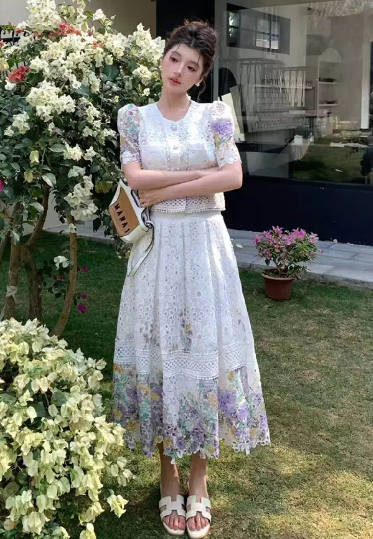 優雅蕾絲刺繡上衣修身裙子套裝CA26033021PU