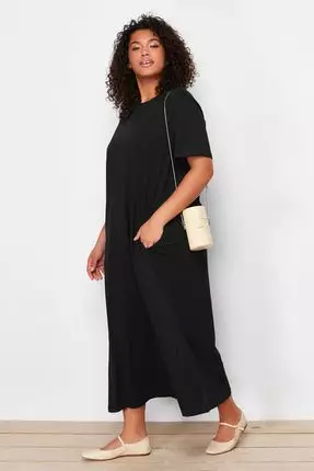 Black Midi 100% Cotton Knitted T-shirt Dress TBBSS24AH00067