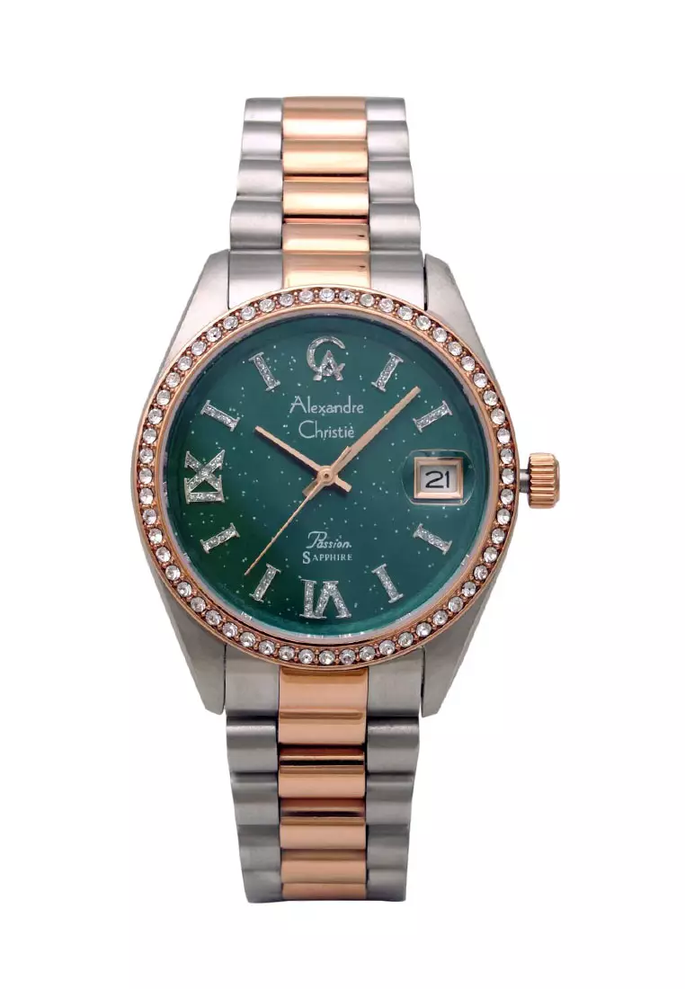 Alexandre Christie Jam Tangan Wanita - Silver Rosegold Green - Stainless Steel - 5015 LDBTRGN