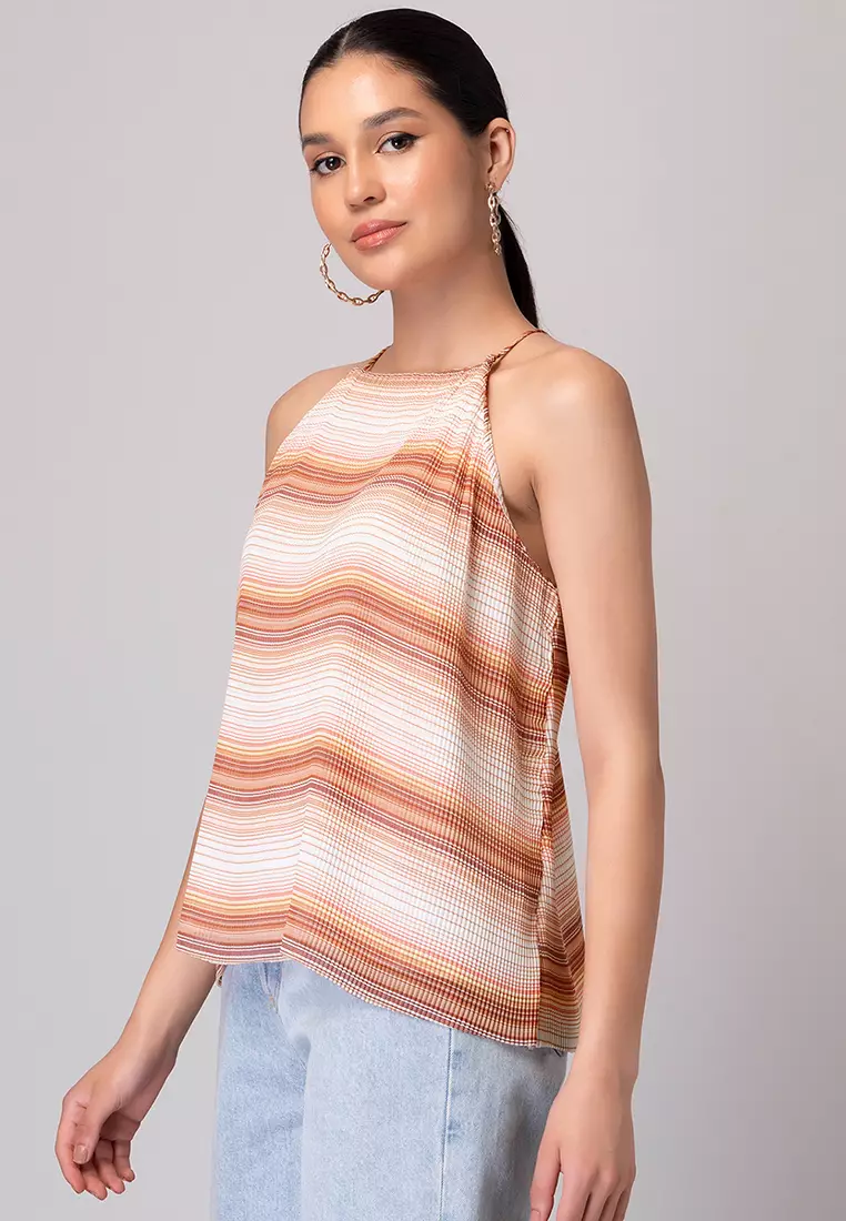Brown Multicolour Striped Pleated Top