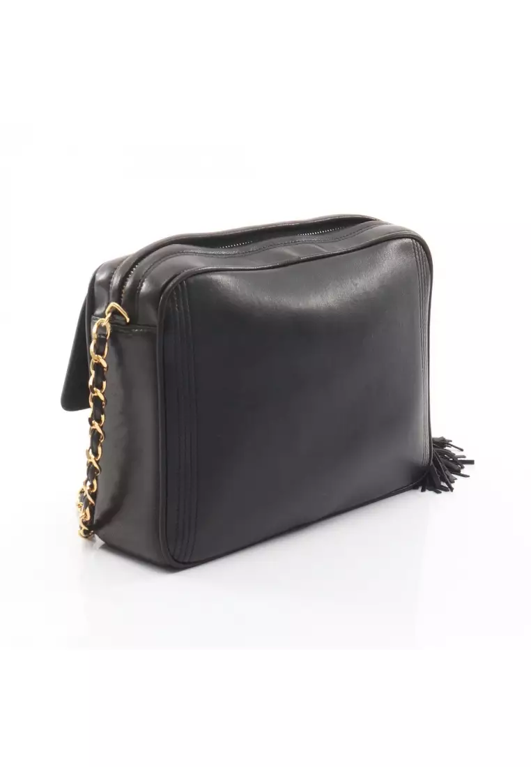 Pre-Loved Chanel coco mark Shoulder bag chain shoulder bag lambskin black gold hardware fringe