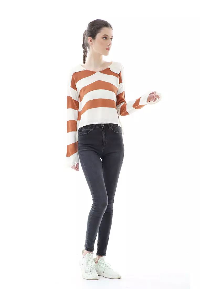 Vilia Rajut Crop Atasan Wanita Oversize Motif Stripe Garis Relaxed Fit - Coral
